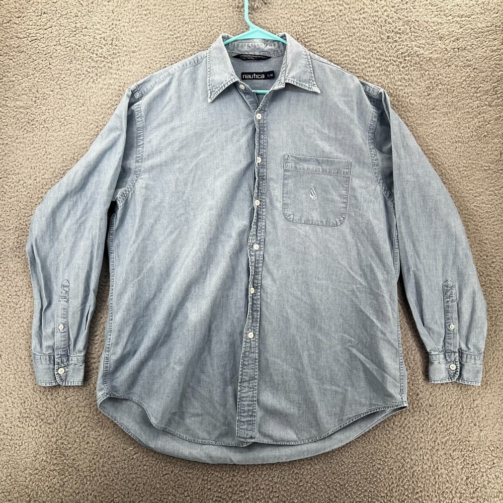 Vintage 90s Nautica Mens‎ Long Sleeve Button Front Demin Blue Jean Shirt Large